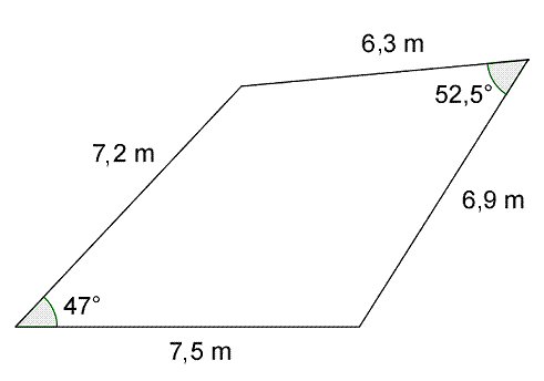 Figuren viser en firkant. Den ene vinkelen er på 47 grader, og den ligger mellom to sider med lengder 7,2 m og 7,5 m. Den andre vinkelen er på 52,5 grader, og denne ligger mellom to sider på 6,3 m og 6,9 m.